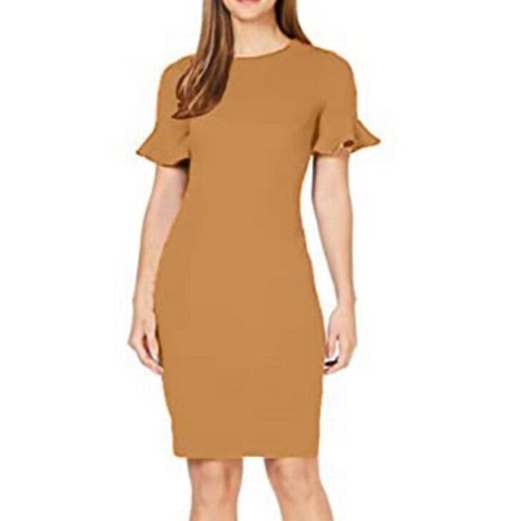 ๐HP๐ Calvin Klein Flutter Sleeve Sheath Dress - Tan Size 14 - Picture 1 of 10